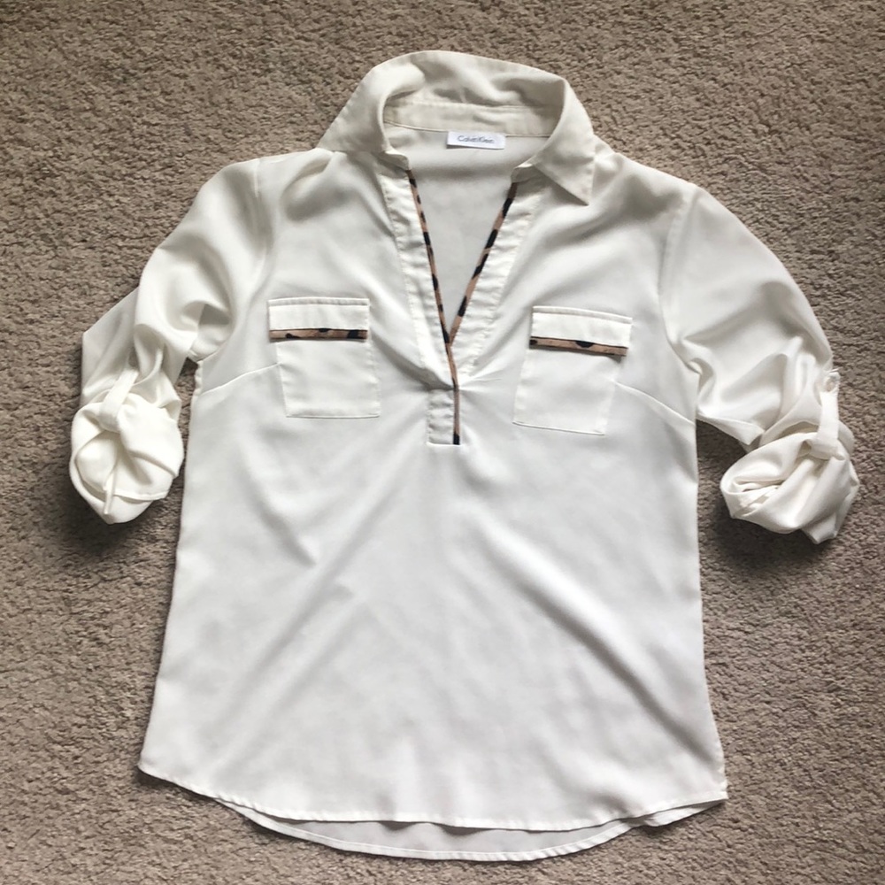 Calvin Klein V Neck top with Leopard Trim